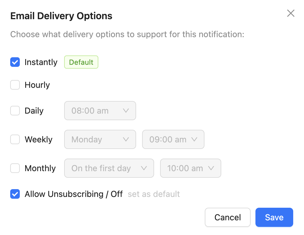 Email delivery options interface showing instant and digest preferences