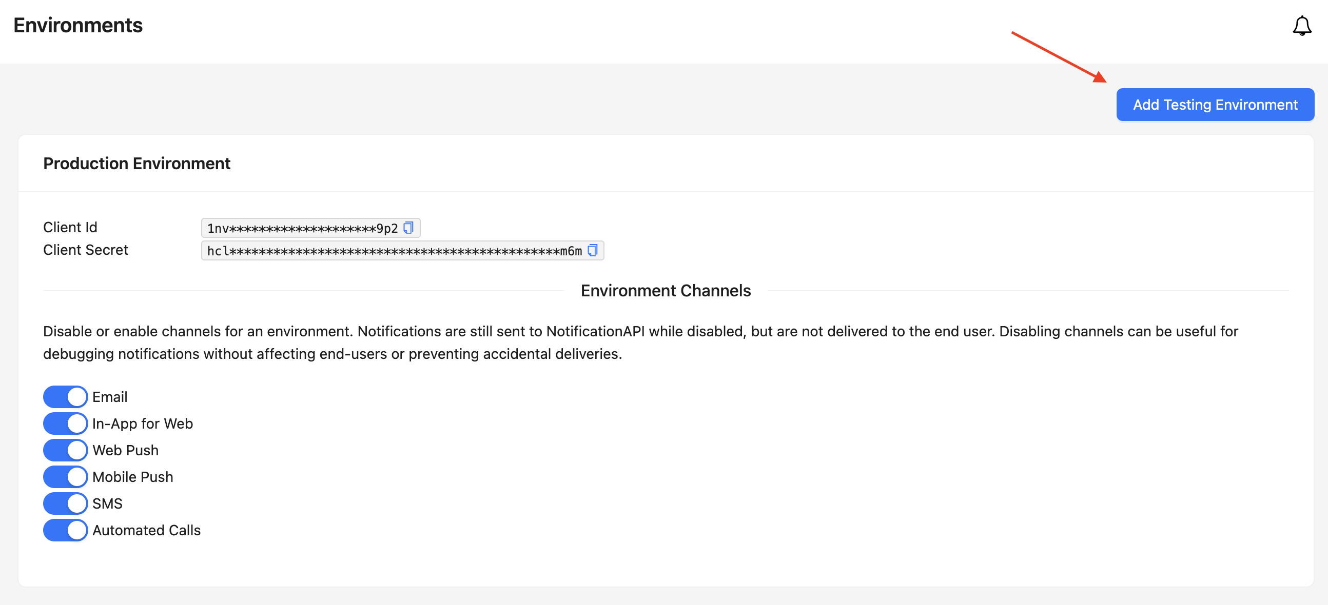 Pingram dashboard showing how to add a testing environment