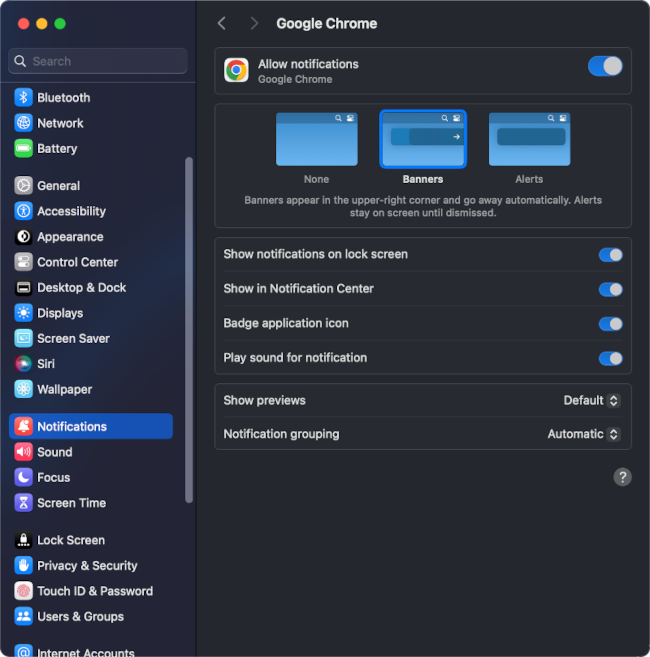 macOS System Preferences showing notification settings for browsers