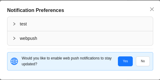 React notification preferences popup modal interface