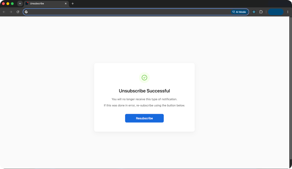 Pingram unsubscribe page showing branded unsubscribe interface